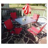 Patio Set Including Glass Top Table 28" x 38" x 32", Folding Chairs Qty. 4 And Matching Umbrella