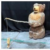 Chain Saw Carved Fishing Bear With Fish On Pole, 24"H x 11" Base Dia
