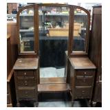 Vintage Six Drawer Vanity With Tri-Fold Mirror On Casters, Dovetail Construction, 66"H x 48.5"W x 18