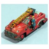 Antique Tin Litho Fire Truck Trade Mark TN Japan With Fireman And Extending Ladder