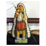 Painted Composite Indian Chief With Lance And War Bonnet And Painted Leather Wall Decor