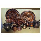 Decorative Copper Plates, Oil Lamp Sconces, Pitchers, Cups And More, 14 Pieces Total
