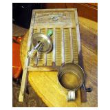 Antique National Washboard, Hand Mixer, Bromwells Flour Sifter And Micrometer