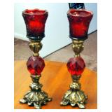 Ruby Red Glass And Brass Like Metal Candle Sticks Qty 2, 11" Tall