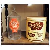 End table Including Bamboo Serving Trays, Charles Chip Can, Glass World Chocolate Canister, Relish T