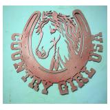 Plasma Cut Steel Wall Art, Country Girl USA Horse Shoe And Horse 23" x 24"