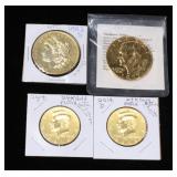 2014 24K Gold Plated Satin Finish Kennedy Half Dollars Qty 2, 1977 Gold Plated Silver Dollar and 188