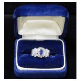 Diamond And Sapphire Ring, Stamped 14K, White Gold, 50 Straight & Tapered Baguette Cut Diamonds And 
