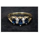 14K Diamond And Sapphire Ring With 3 Marquise Cut Sapphires And 6 Small Diamonds, Size 8.5