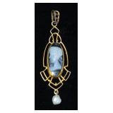 10K Yellow Gold Cameo Lavalier With Small Seed Pearl Dangle