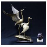 San Pacific Brass Crane Sculpture, 15"H And Etched Marble Egg With Marble Base