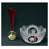 Murano Style Glass Vase 11.5"H And Cut Crystal Rose Motif Bowl 4"H x 8.5"Dia