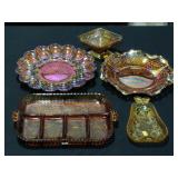 Amber Carnival Glass Deviled Egg Plate, Canape Tray And Candy Bowl, Amber Glass Fruit Tray And Pear 