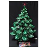 Vintage Ceramic Lighted, Music Box Christmas Tree With Plastic Bulbs & Star, Plays "Silent Night", T