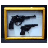 Toy Tin Guns In Display Box, One Marked Hawk