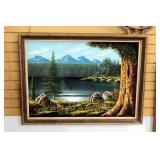 Reina Original Oil On Velvet Landscape Painting, Framed 39" x 29"