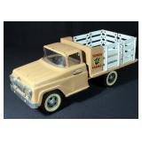 Vintage 1960 Tonka FarmsTan Pressed Steel Stake Truck No. 04 Complete w Stakes & Horse Trailer With 