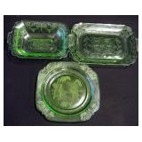 Green Uranium Depression Glass (3) And Hand Crocheted Doilies