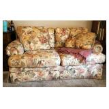 Upholstered Love Seat With Throw Pillows And Afghan, 29" x 68" x 38"