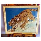 Hand Painted Fabric Stamped By Artist In Decorative Wood Frame 16" x 18.5" With 2 Small Metal Framed