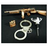 Thompson Tommy Gun Lighter, Deer Head Bottle Stopper, Novelty Hand cuffs