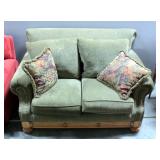Upholstered Loveseat with Wood Base and Brass Nailhead Accents, 39"H x 64"L x 45"D