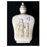 Carved Snuff Box With Intact Spoon, Looks To Be Bone, 3"H