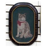 Sue Newhouse Acrylic Painting Of A Cat With Red Bow, 1990, Framed 18.5" x 12.5"