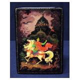 Khalui Black Lacquer Lidded Box With "Ruslin And Chernomar" Painted On Top, Signed By Figurin, 1.75"