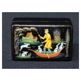 Khalui Black Lacquer Lidded Box With "Old Man And The Hare" Painted On Top, Signed With Papers, 1"H 