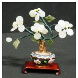 Jade Flowers In Miniature Cloisonne Vase On Wood Stand, 5"H