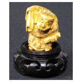 Netsuke Man With Bag Over Shoulder On Wood Base