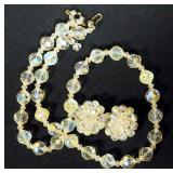 Vintage Faceted Glass Aurora Borealis Necklace And Clip-On Earrings