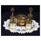 Gold Tone Vanity Set With Jewelry Casket, Perfume Bottles, Clocks And Doily