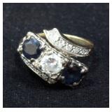 Estate Jewelry Diamond And Sapphire Cocktail Ring, Size 5.75, 14k White Gold, Center Stone Approx .5
