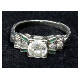 Estate Jewelry Antique 18k White Gold Diamond And Emerald Engagement/Cocktail Ring, Size 5.25