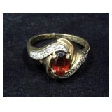 14k Yellow Gold, Garnet And Diamond Ring, Size 6.5