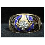 10k Yellow Gold Masonic Ring With .25ct Center Diamond, Size 9.25