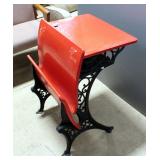 Wood And Cast Iron Old-Fashioned School Desk With Front Bench, With Original Ink Well Insert