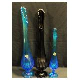 Fenton Blue Flung Glass Vases (2) And Unmarked Black Flung Vase, Total Qty 3