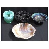 Slag Glass Bowl, Carnival Glass Bowl, Black Glass Candle Holder And Green Fenton Vase, Total Qty 4