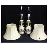 Retro Green, Gold And Pink Ceramic Parlor Lamps, 26"H, With Shades, Qty 2