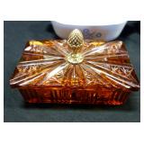 Corning Pans With Lids (3) And Mid-Century Amber Glass Cigarette Holder With Two Ash Trays