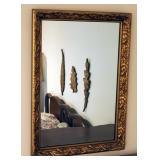 Wood Framed Mirror 27" x 19" With Matching Leaf Wall Hangings, 4 Total Pieces