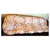 Antique Hand Pieced And Quilted Wedding Ring Quilt With Scalloped Edges, 72" x 80"