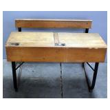 Antique English King Fisher Limited Lift-Top Double Desk With Inkwells and Copper Covers, 28"H x 40"