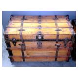 Antique Flat Top Trunk With Leather Strips, 20"H x 34"W x 18"D
