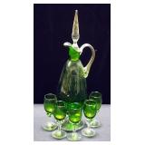 Green Glass Brandy Decanter And Five Glasses