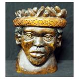 Intricately Carved, Solid Wood, Tribal Warrior/King With Snake Crown, 9"H x 7.5"W x 5"D