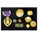Purple Heart, Brass Style Buttons, Assorted Military Pins